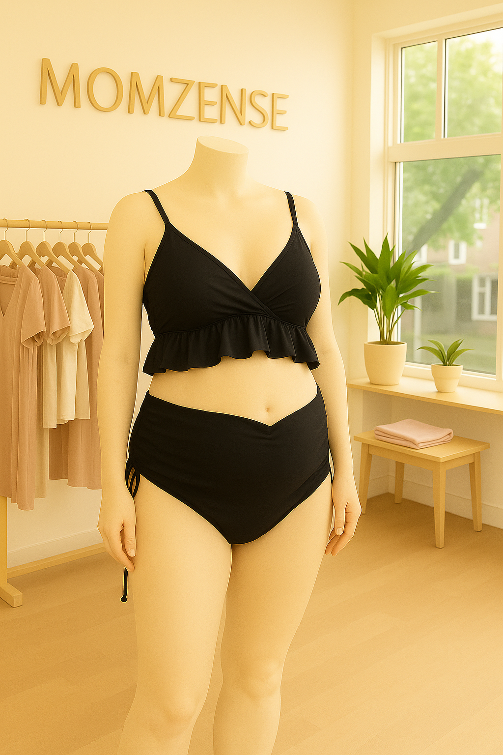 Ruffled V-Neck Maternity Bikini – High-Waist Calm, Adjustable Fit