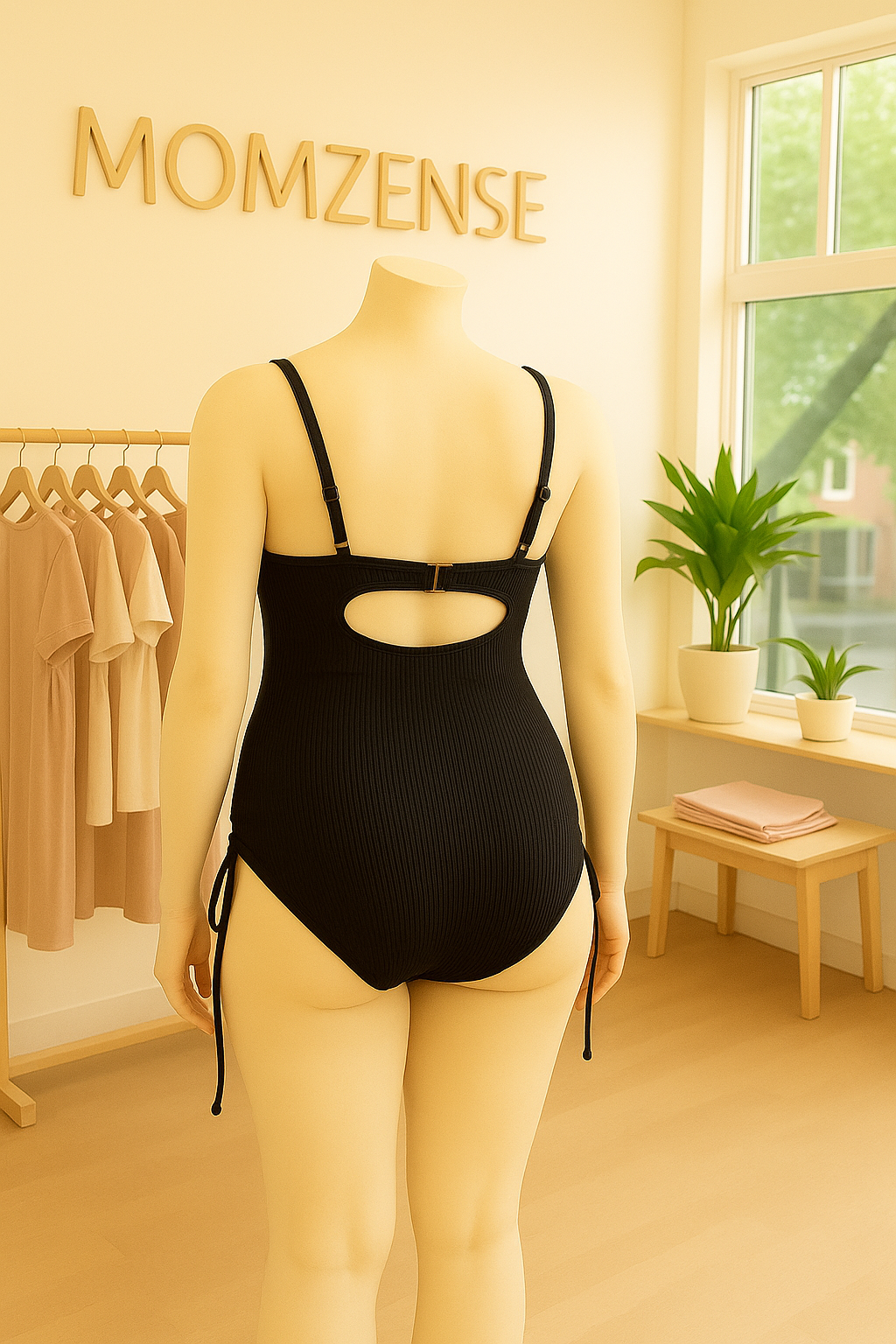 Black Ribbed Maternity Swimsuit – Adjustable Fit, Timeless Calm
