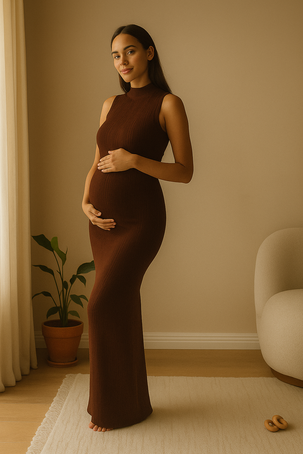Elegant Sleeveless Turtleneck Maternity Maxi Dress – Timeless Gown for Photoshoots & Baby Showers