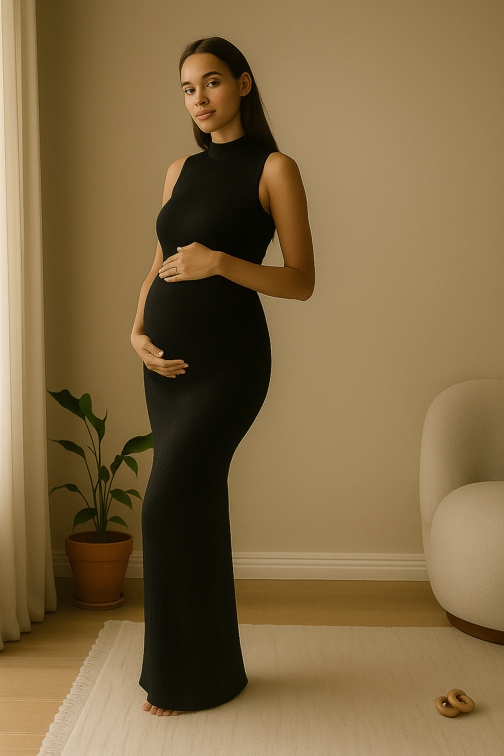 Elegant Sleeveless Turtleneck Maternity Maxi Dress – Timeless Gown for Photoshoots & Baby Showers