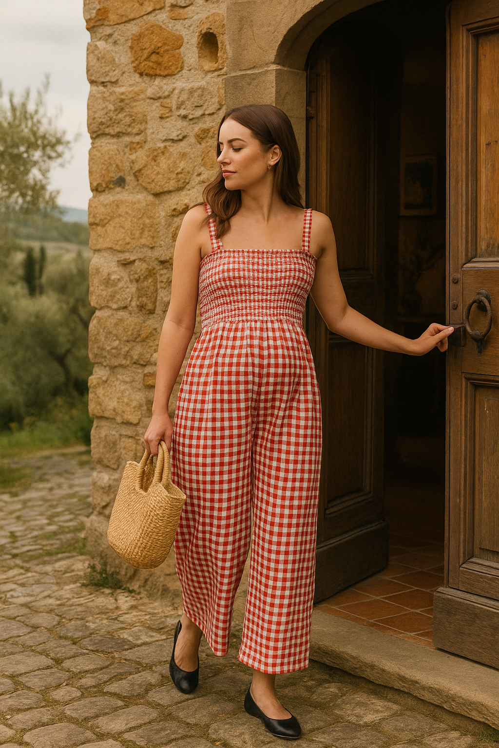 Casual Check Print Sleeveless Wide Leg Jumpsuit