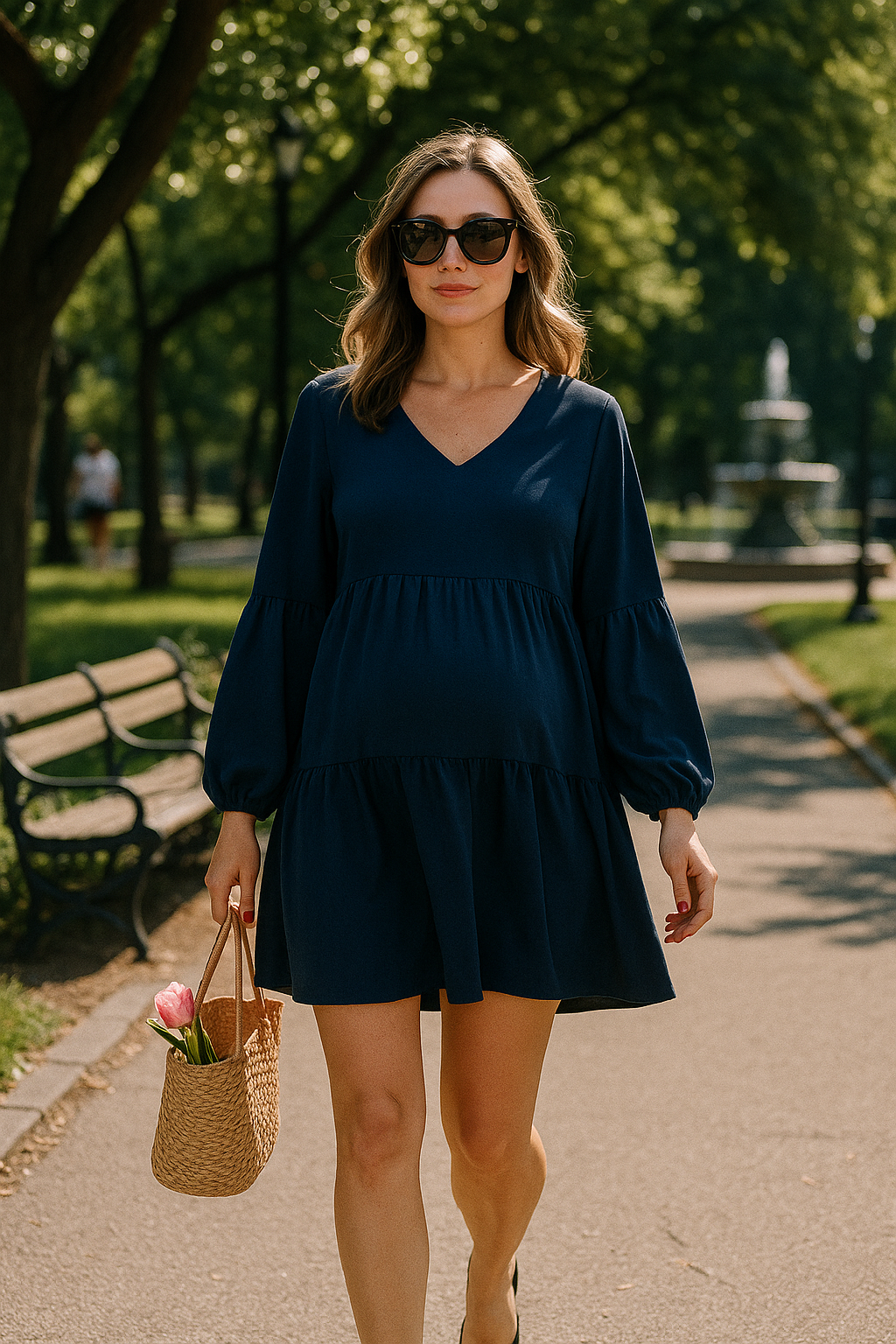 V Neck Long Sleeve Dress Ruffle Knee Length
