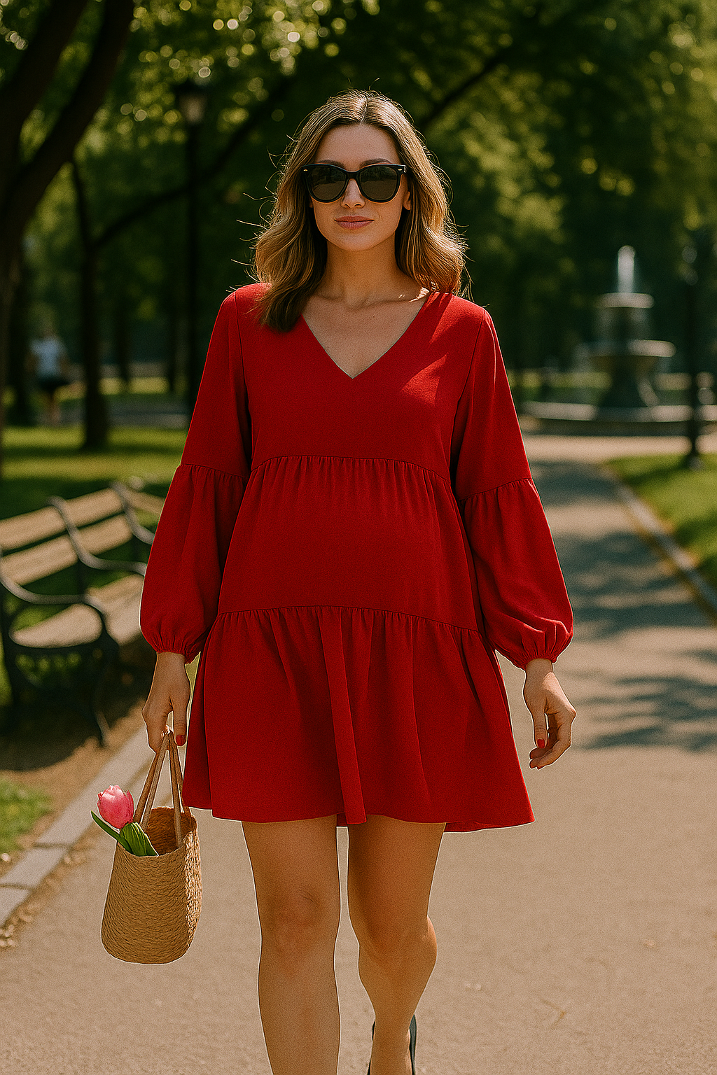 V Neck Long Sleeve Dress Ruffle Knee Length