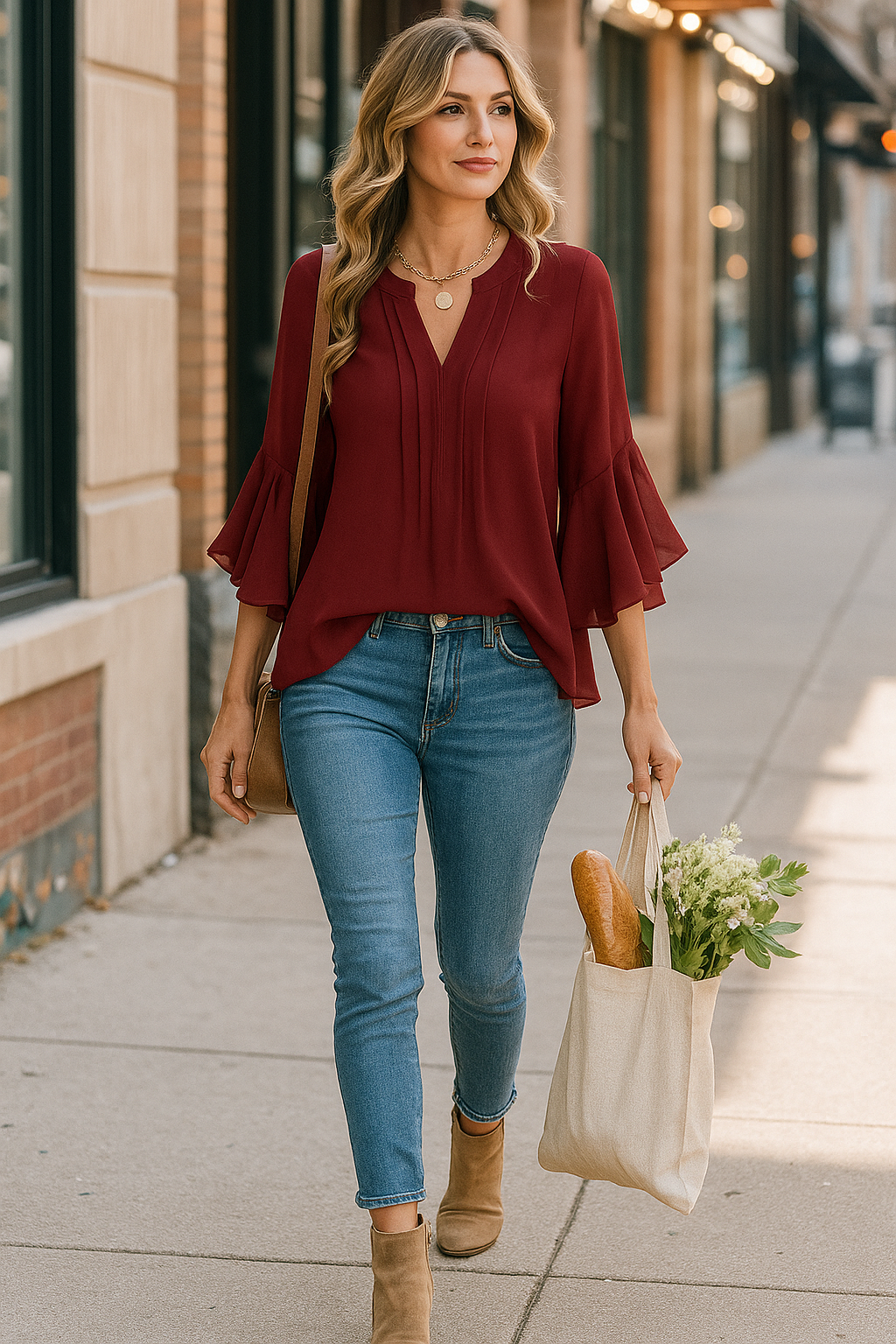 Chiffon V Neck Blouse Three Quarter Sleeve