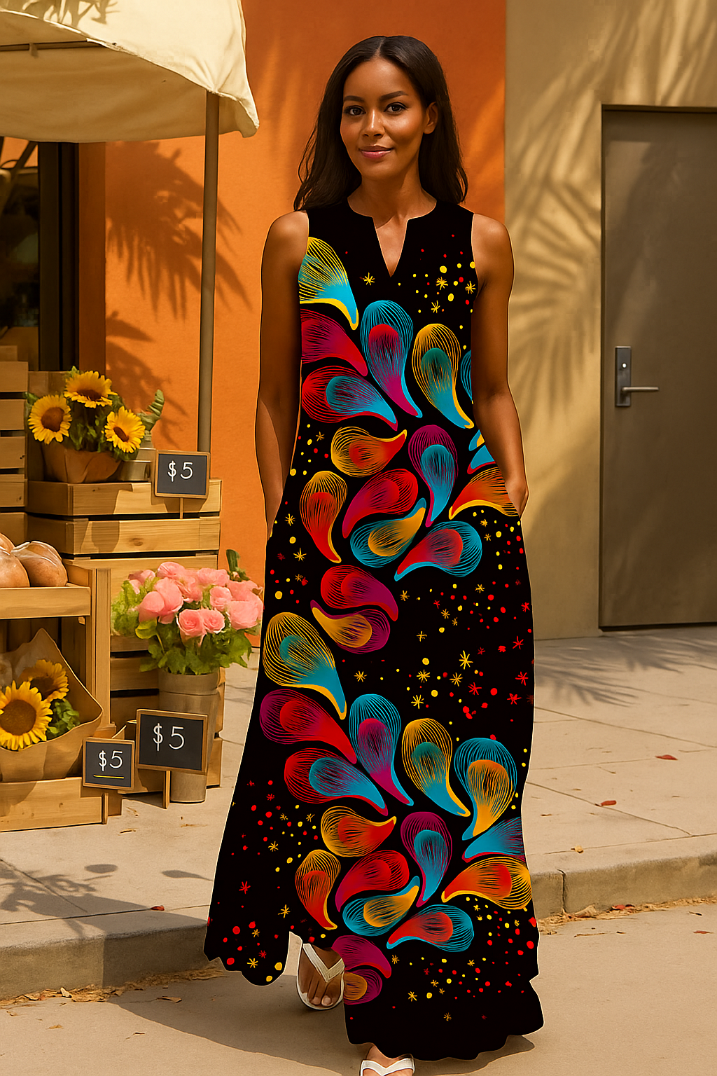 Elegant Floral Summer Dress for Women | Ankle-Length, Sleeveless & V-Neck Style