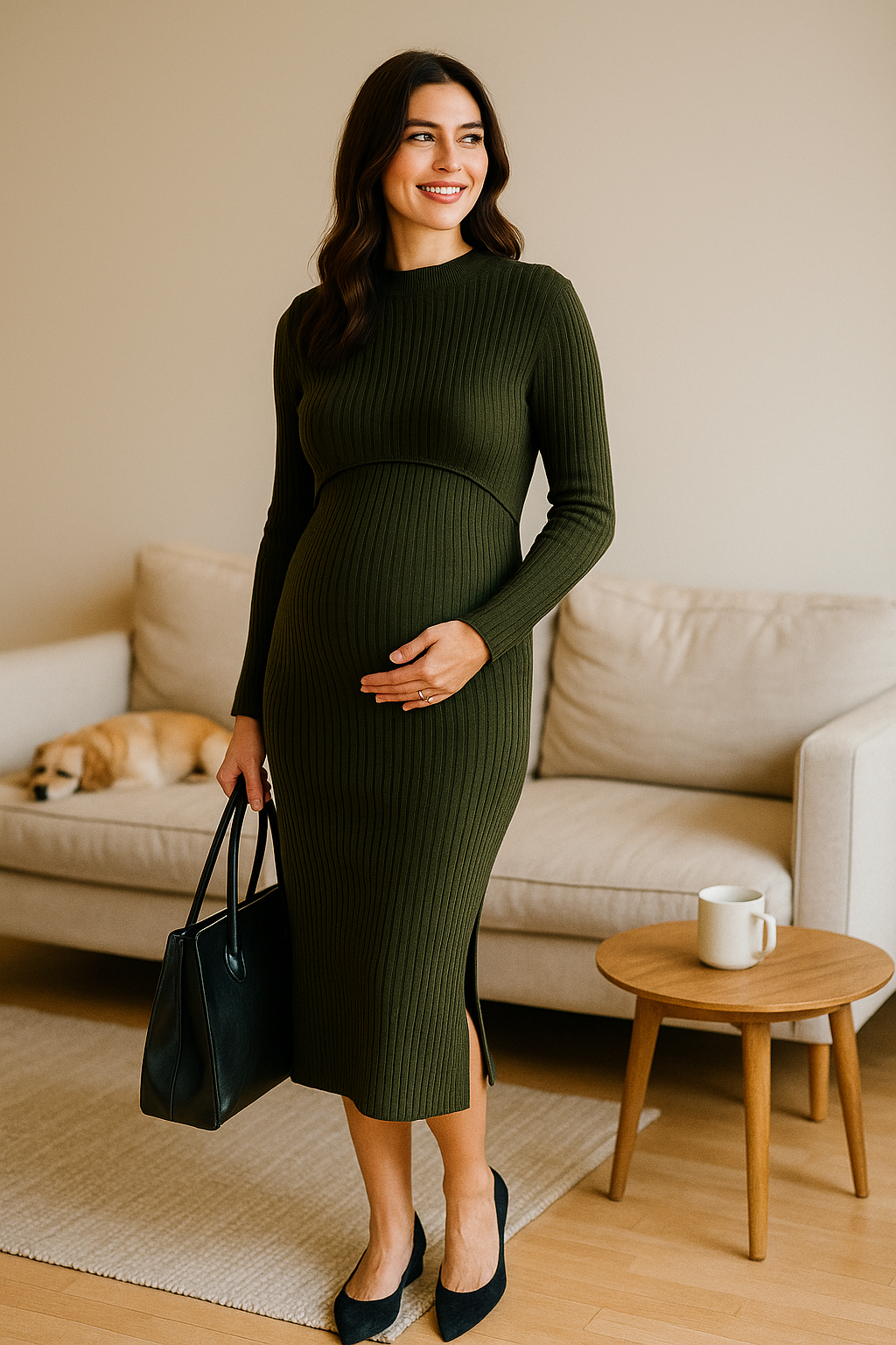 Embrace Knit Maternity & Nursing Dress – Soft Ribbed Comfort with Lift-Up Access