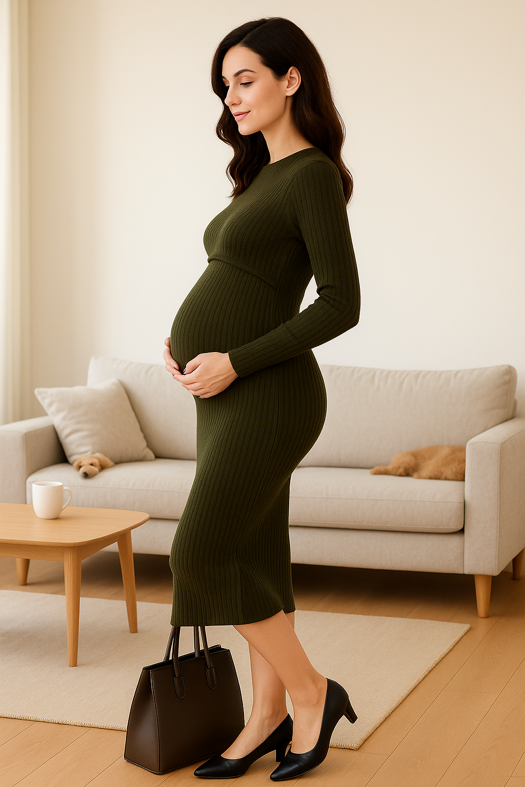 Embrace Knit Maternity & Nursing Dress – Soft Ribbed Comfort with Lift-Up Access
