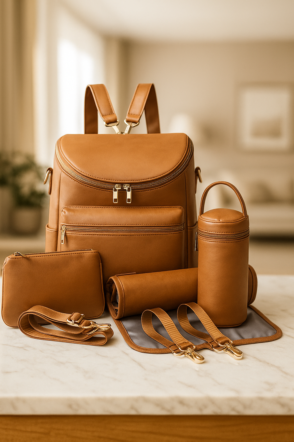 Stylish Leather Diaper Bag with Insulated Bottle Holder & Changing Mat – Spacious Baby Bag for Modern Moms