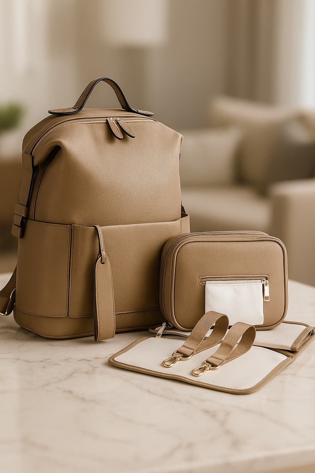 Diaper Bag Backpack Set - Lightweight Faux Leather Baby Bag