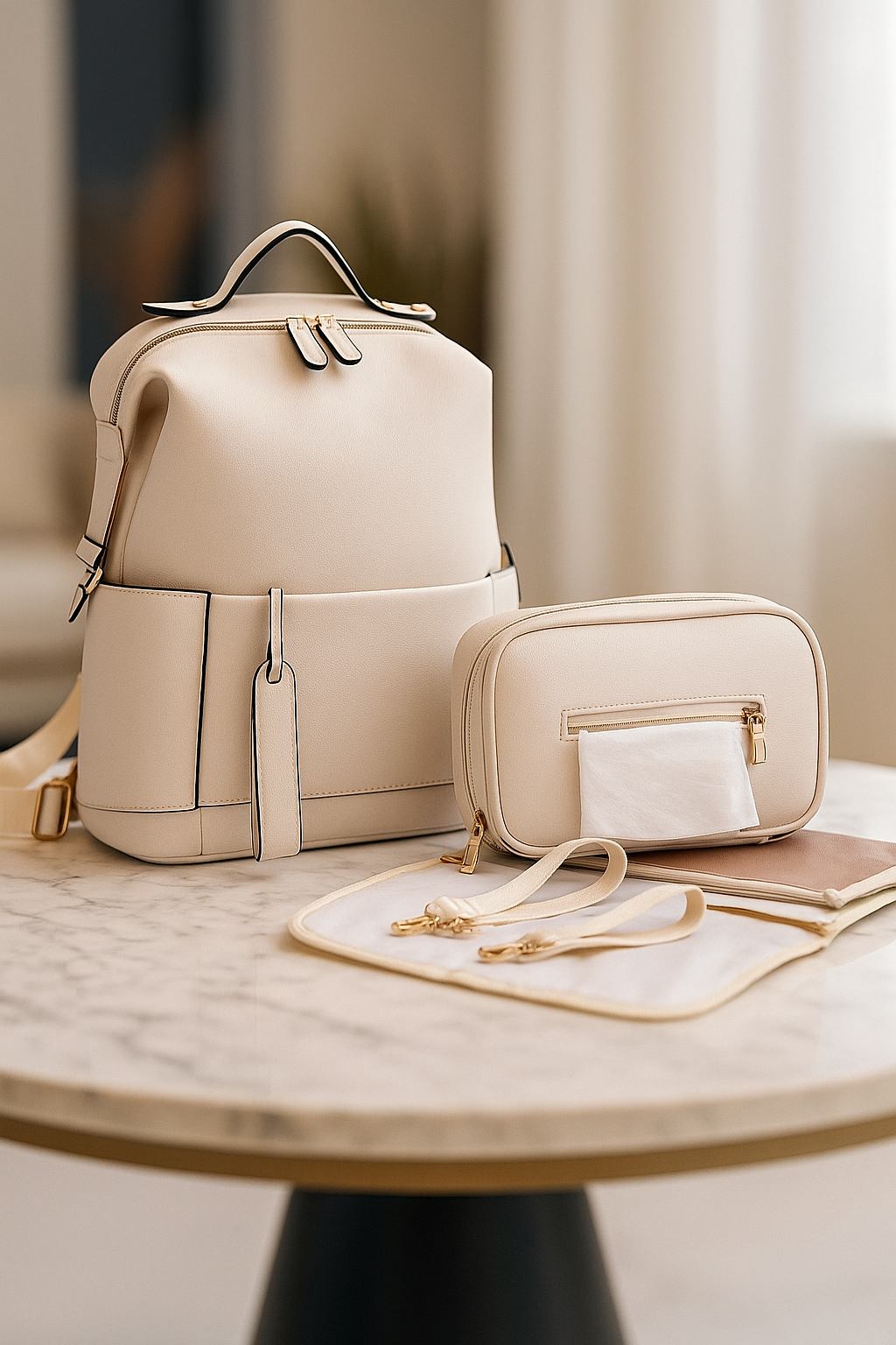 Diaper Bag Backpack Set - Lightweight Faux Leather Baby Bag