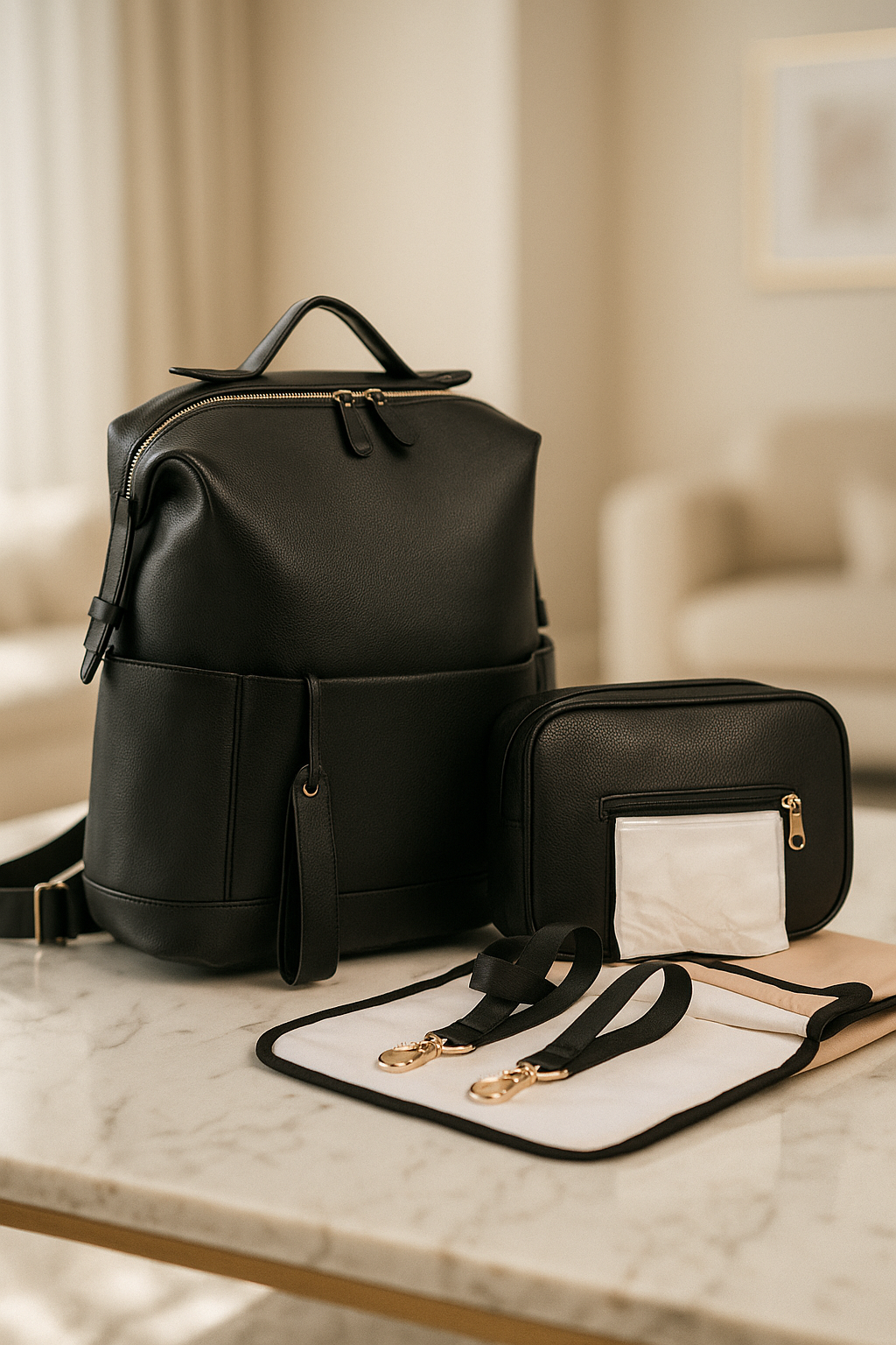 Stylish Faux Leather Diaper Bag Backpack Set with Changing Mat & Stroller Clips – Spacious Baby Bag for Modern Parents