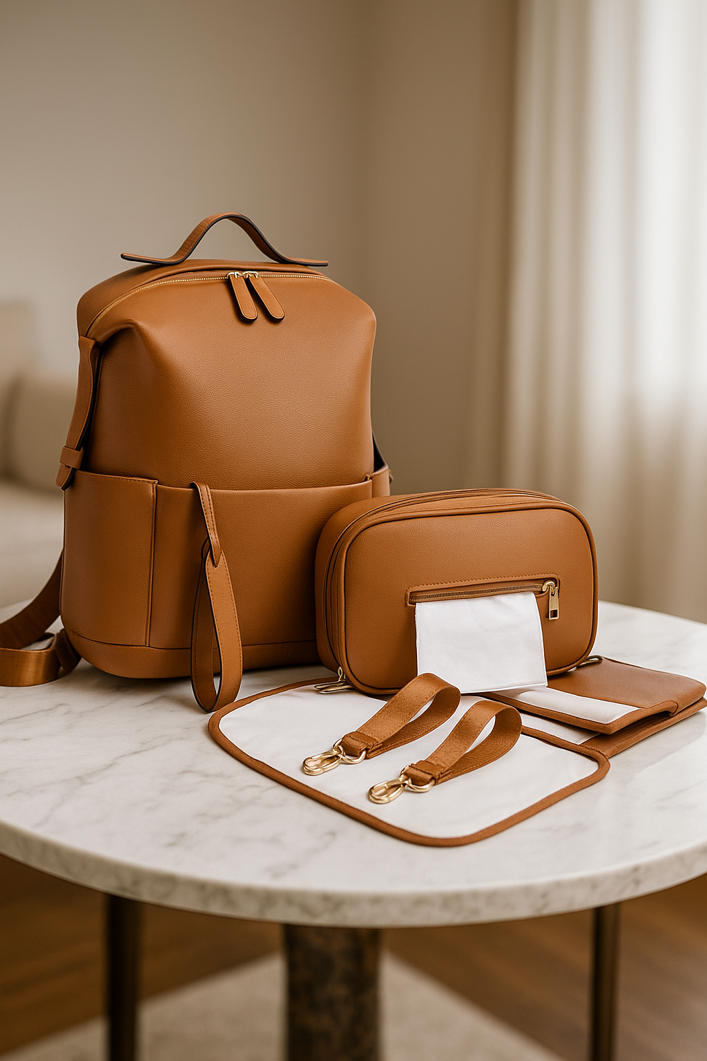 Stylish Faux Leather Diaper Bag Backpack Set with Changing Mat & Stroller Clips – Spacious Baby Bag for Modern Parents
