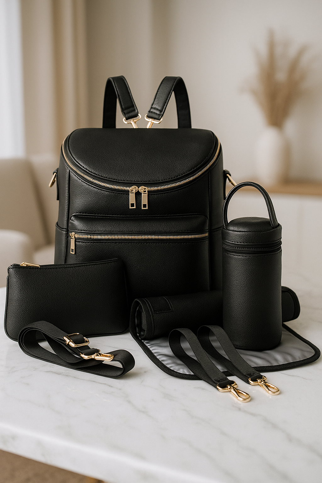 Stylish Leather Diaper Bag with Insulated Bottle Holder & Changing Mat – Spacious Baby Bag for Modern Moms