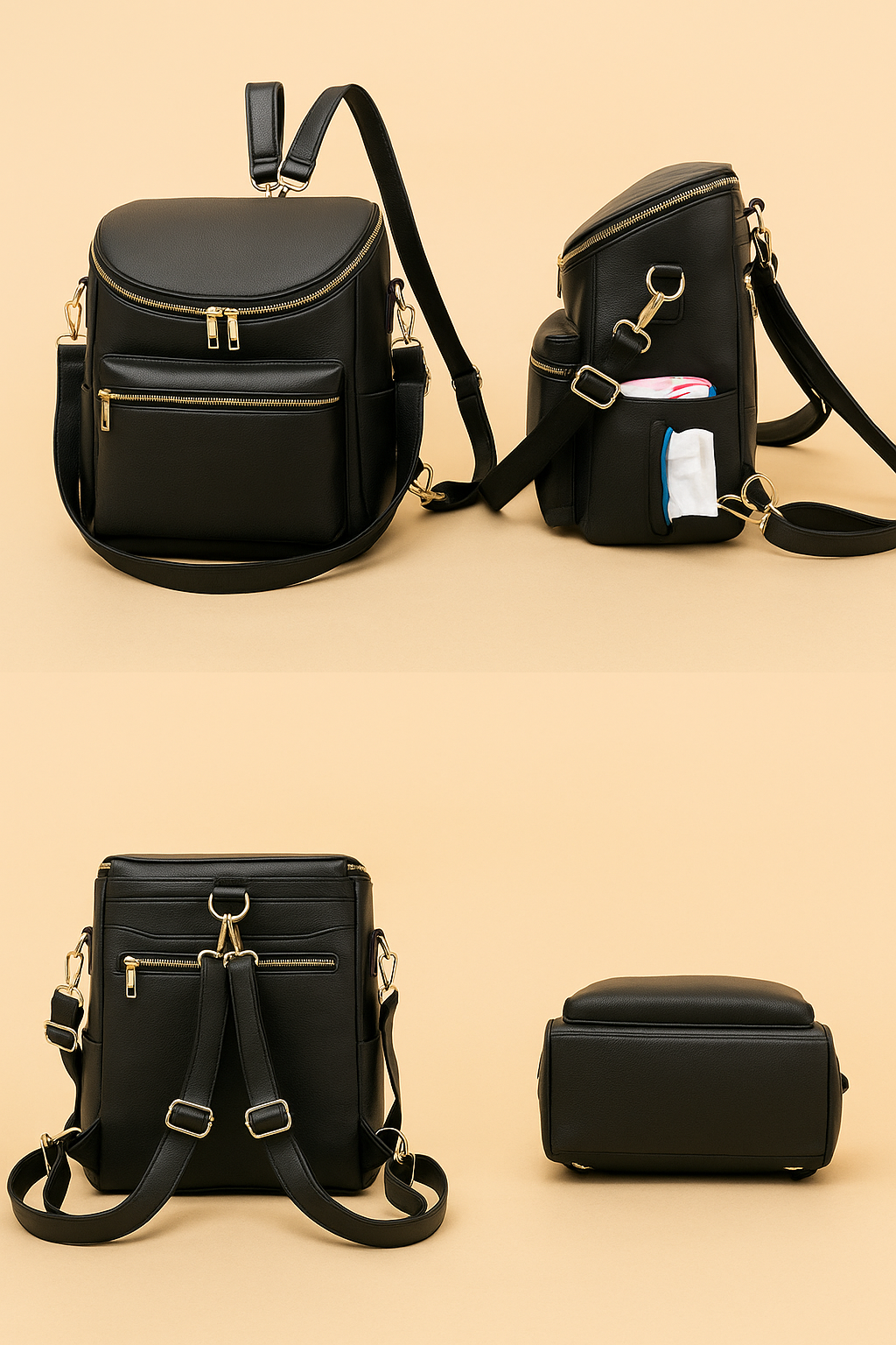 Stylish Leather Diaper Bag with Insulated Bottle Holder & Changing Mat – Spacious Baby Bag for Modern Moms