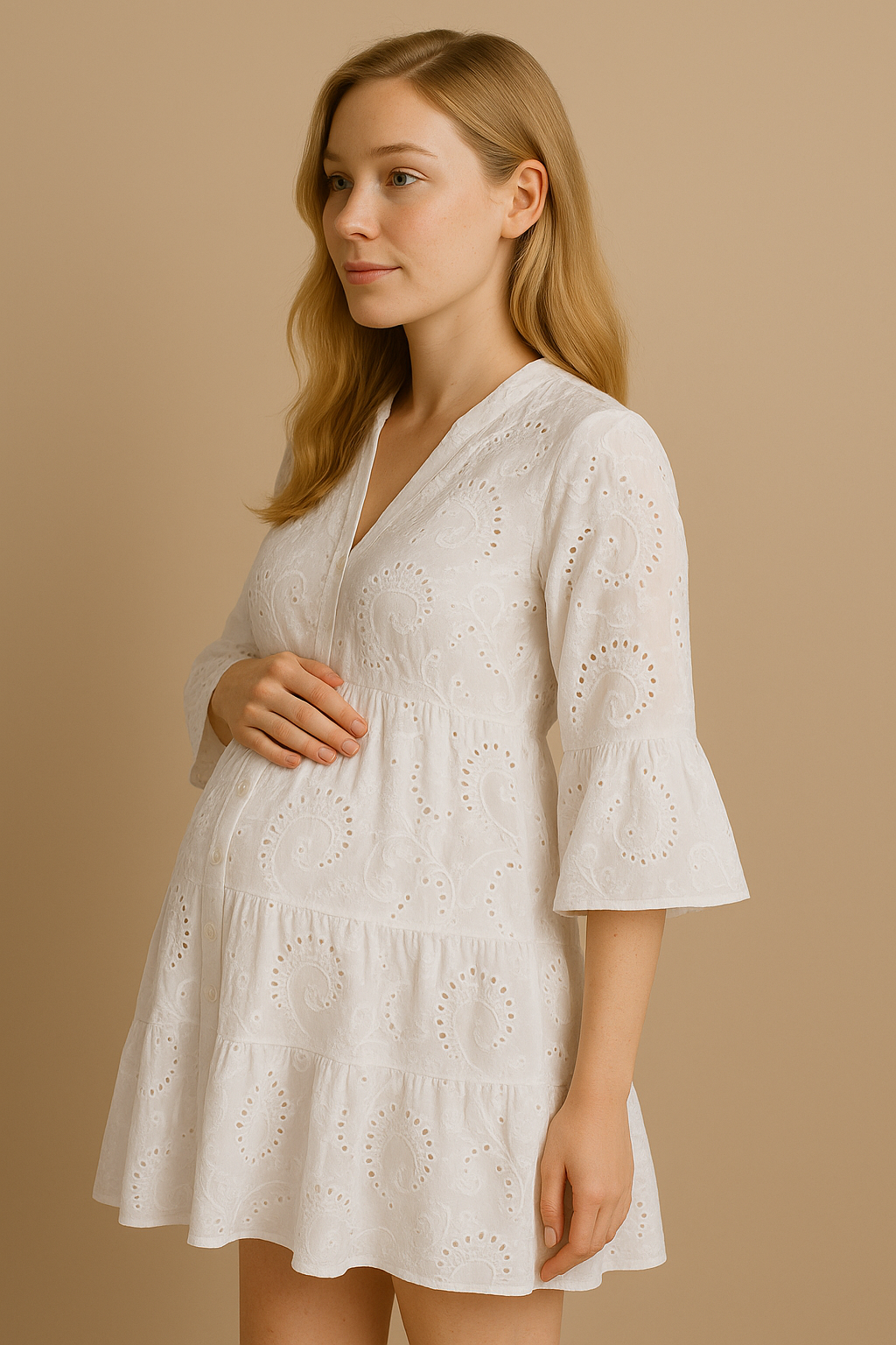 Embroidered Cotton Dress Button Front Breezy White
