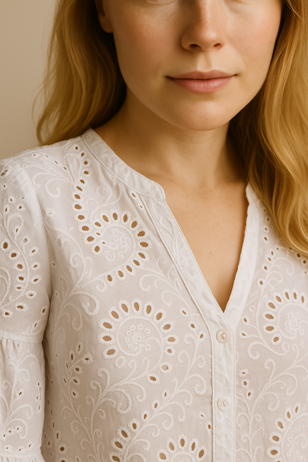 Embroidered Cotton Dress Button Front Breezy White