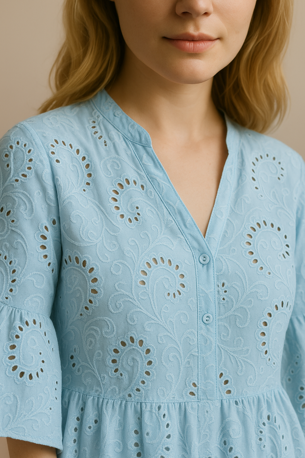 Embroidered Cotton Dress Button Front Breezy Blue
