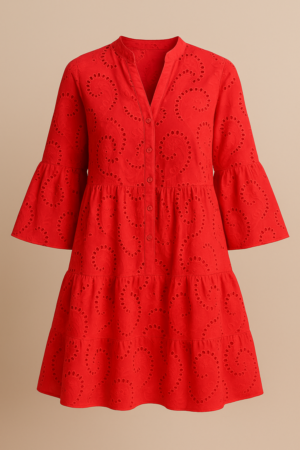 Embroidered Cotton Dress Button Front Breezy Red