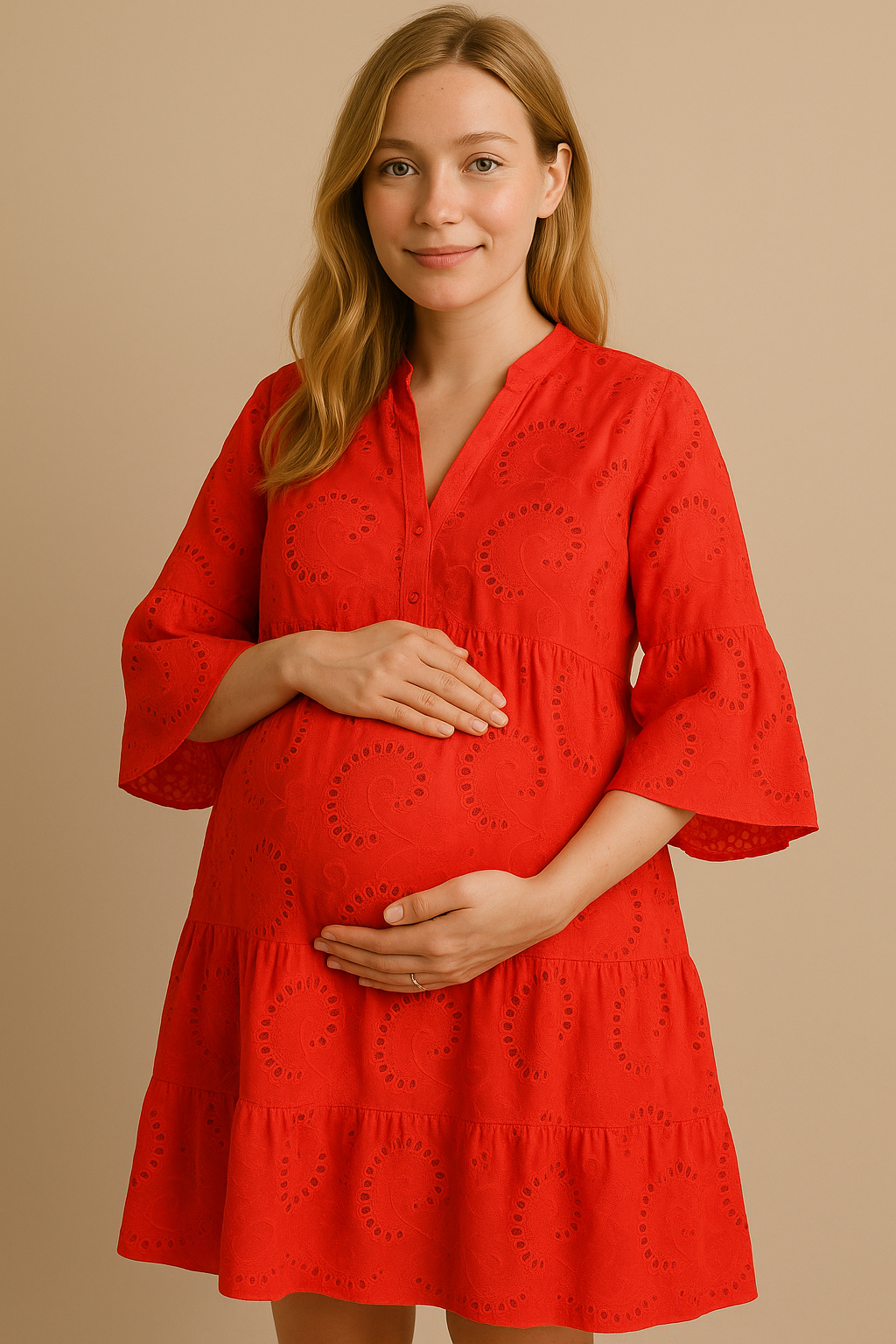 Embroidered Cotton Dress Button Front Breezy Red