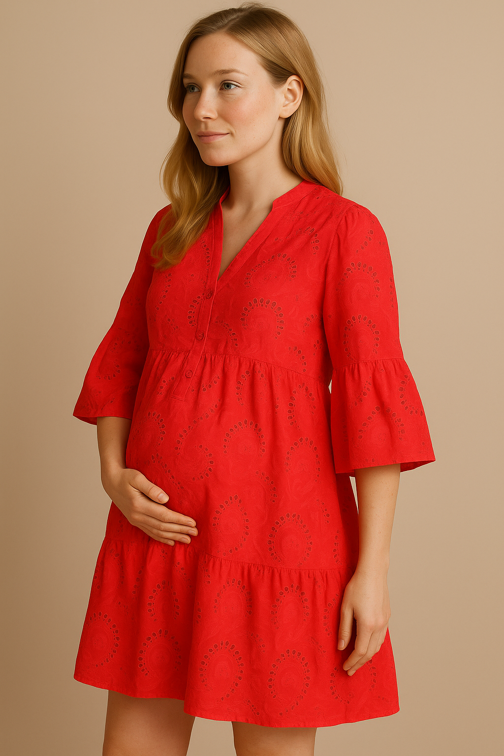 Embroidered Cotton Dress Button Front Breezy Red