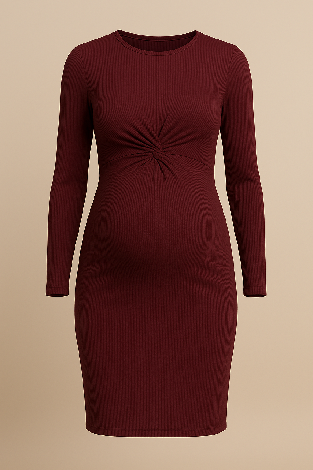 Elegant Long Sleeve Maternity Dress Slim Fit Burgundy
