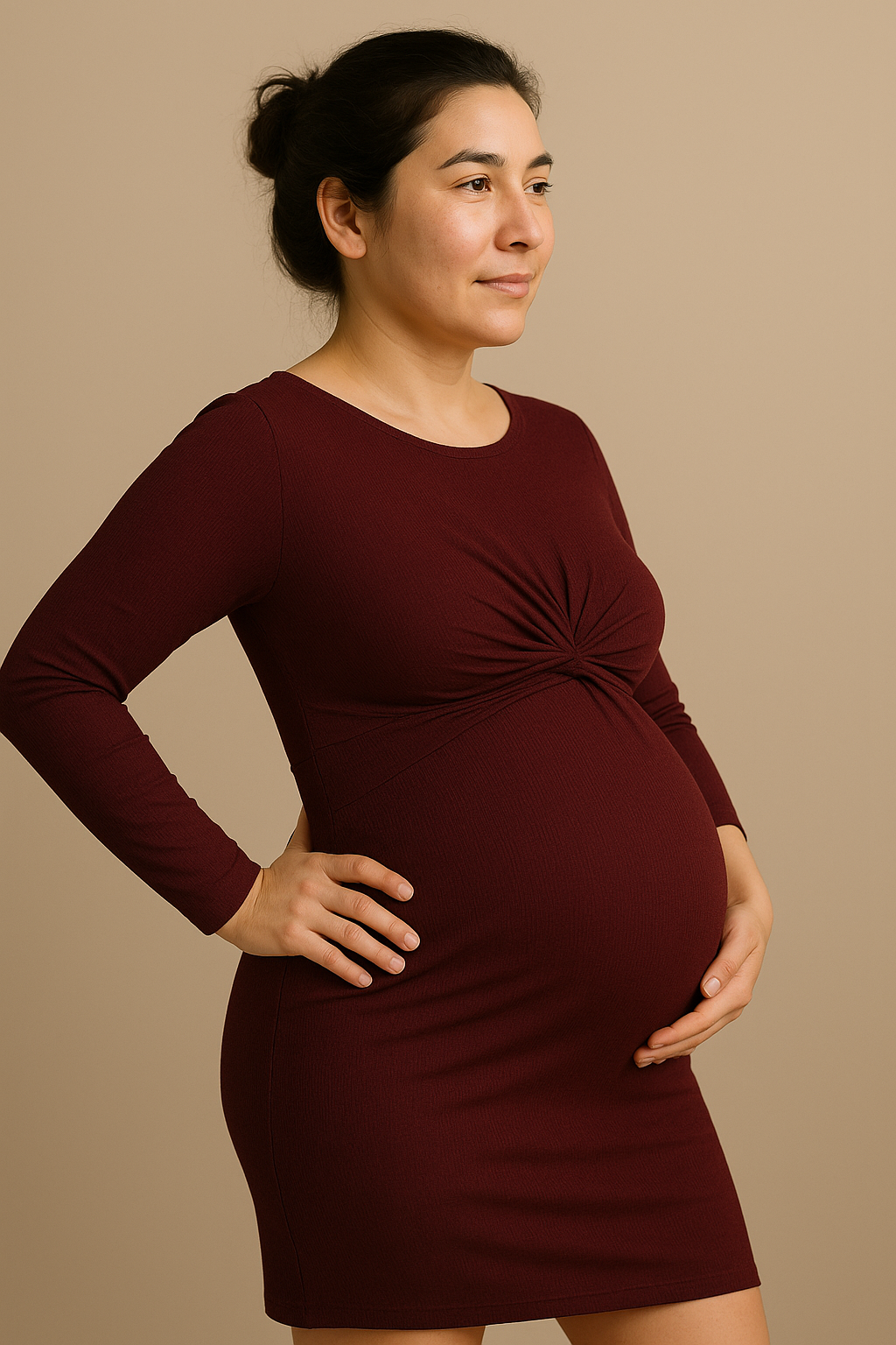 Elegant Long Sleeve Maternity Dress Slim Fit Burgundy