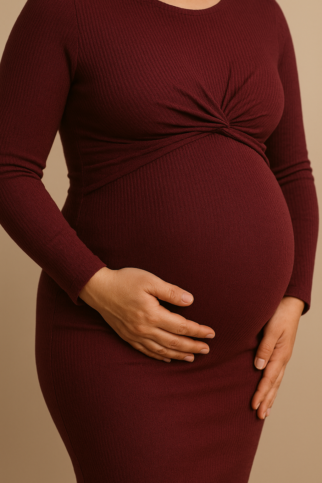 Elegant Long Sleeve Maternity Dress Slim Fit Burgundy