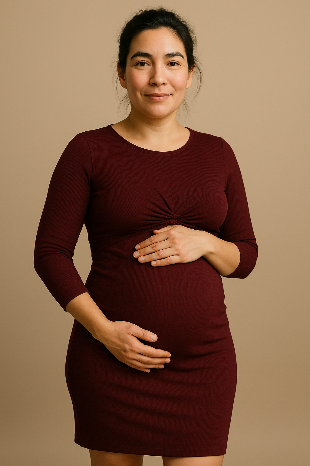 Elegant Long Sleeve Maternity Dress Slim Fit Burgundy