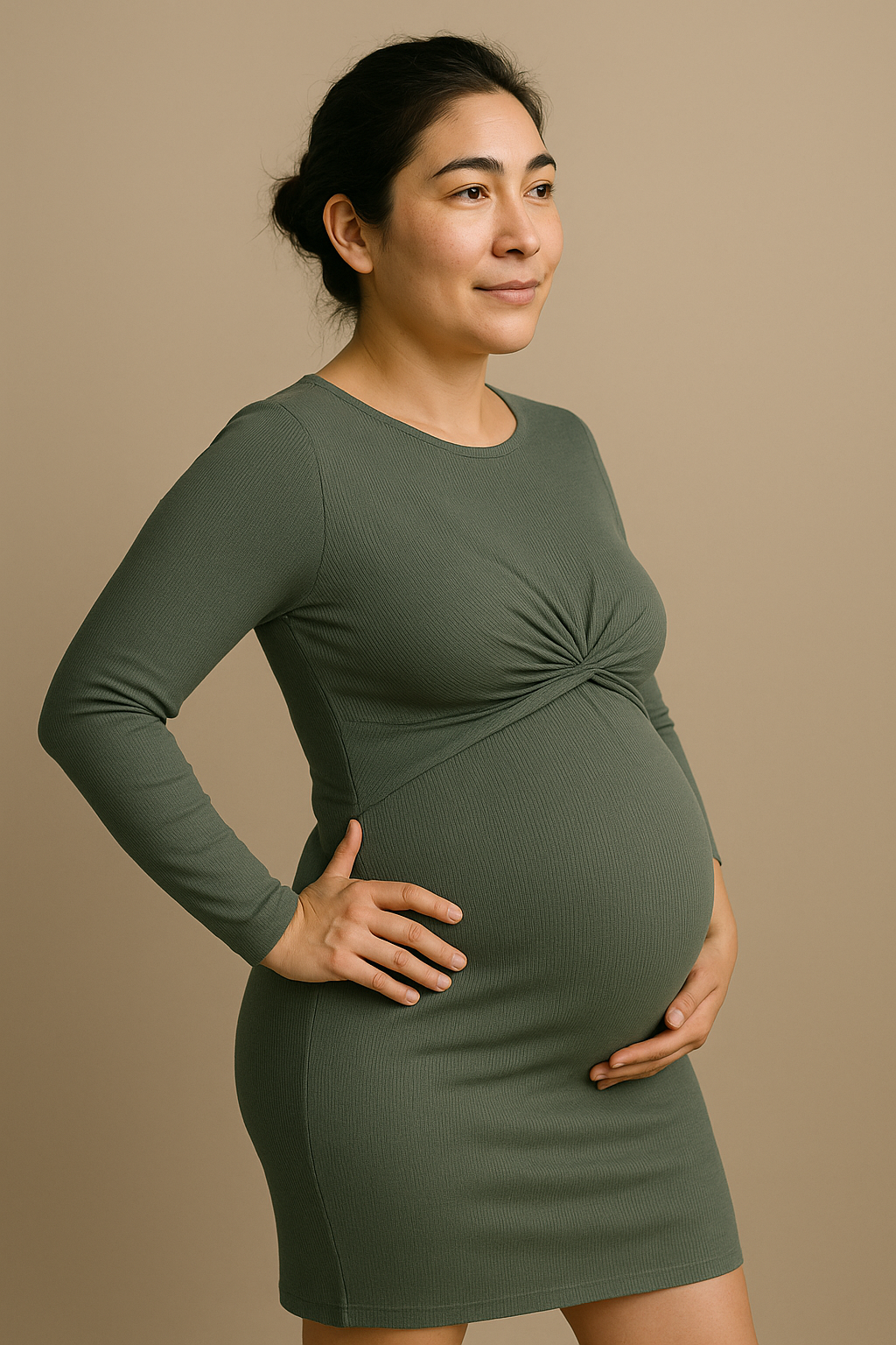 Elegant Long Sleeve Maternity Dress Slim Fit Green