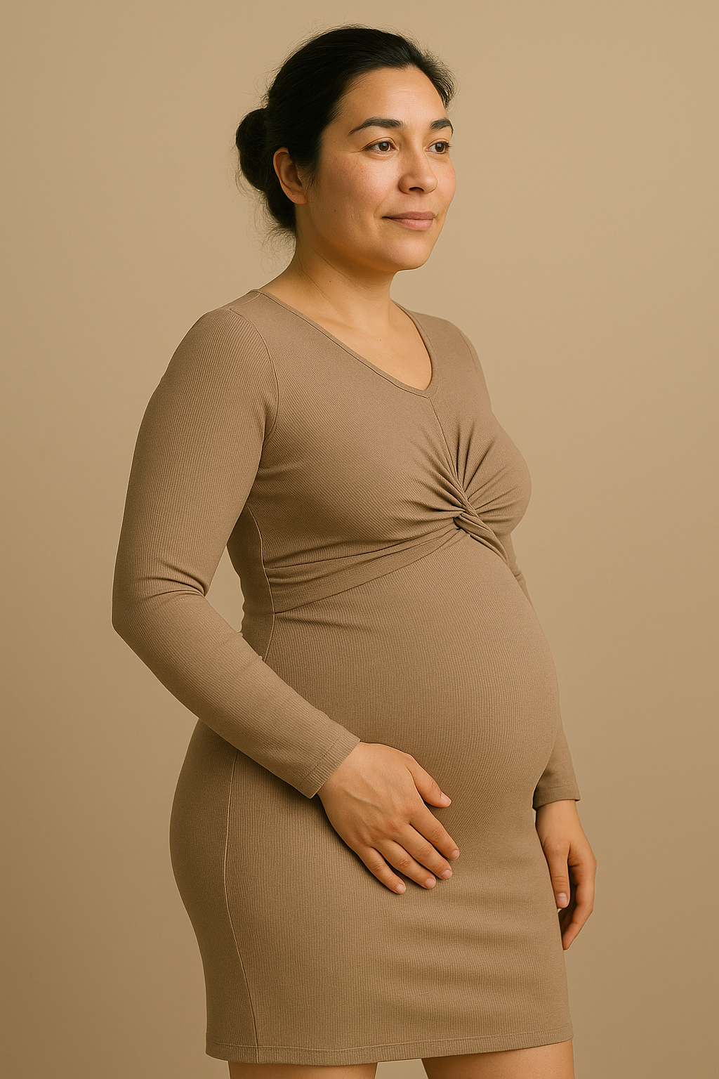 Elegant Long Sleeve Maternity Dress Slim Fit Khaki