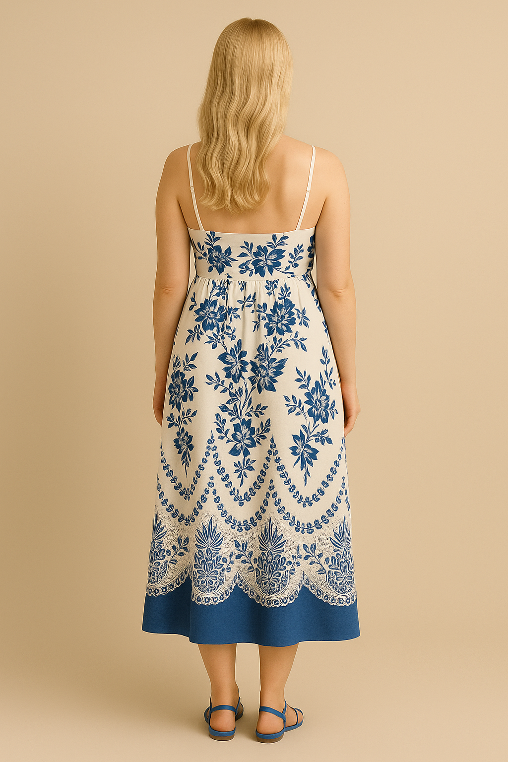 Blue Midi Sundress Adjustable Straps Lightweight Summer