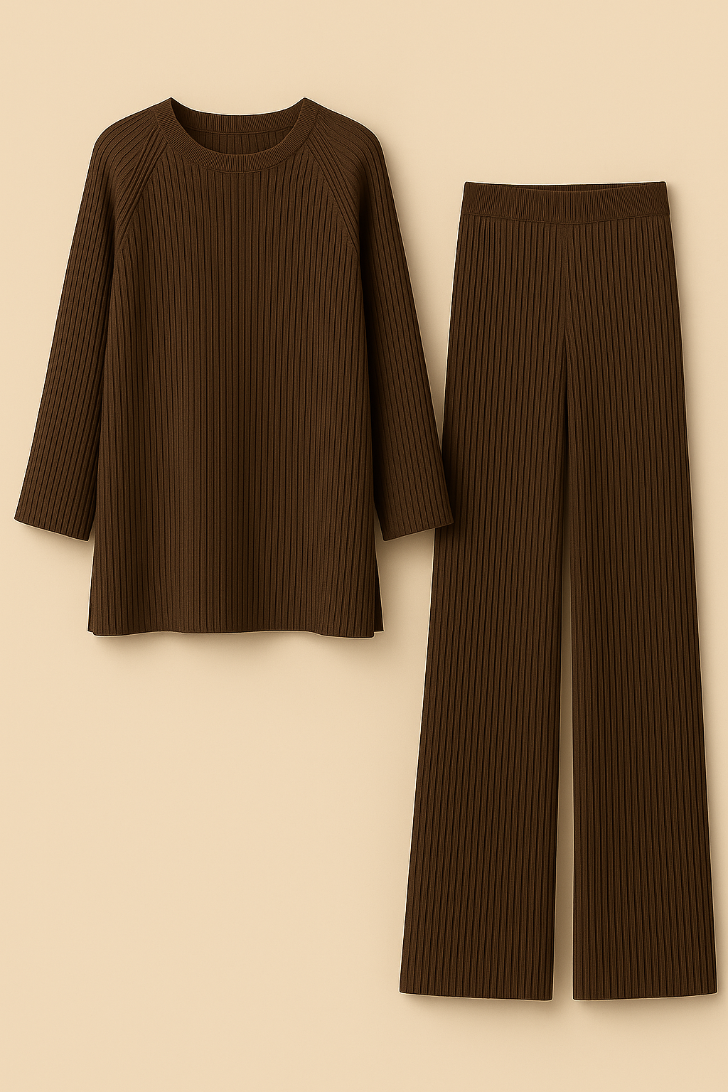 Womens Coffee Knitted Loungewear Set Cozy Sweater Pants