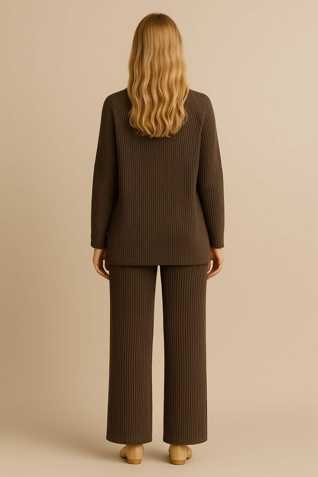Womens Coffee Knitted Loungewear Set Cozy Sweater Pants