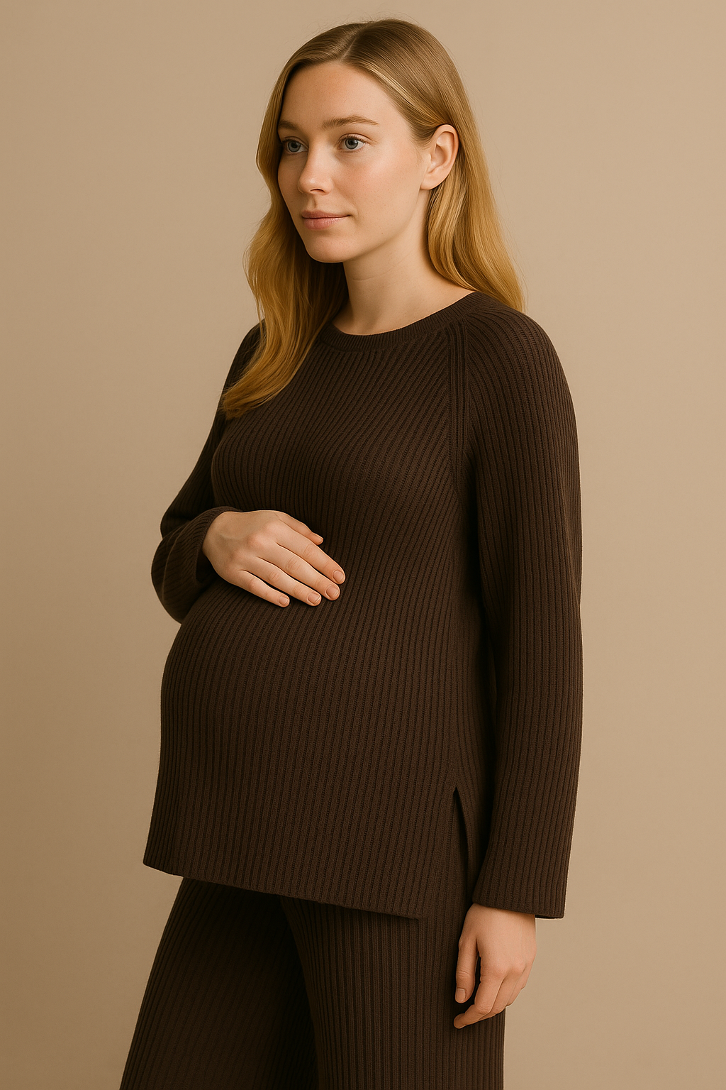 Womens Coffee Knitted Loungewear Set Cozy Sweater Pants