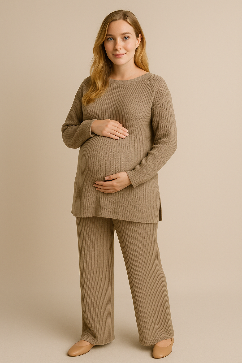 Womens Camel Knitted Loungewear Set Cozy Sweater Pants
