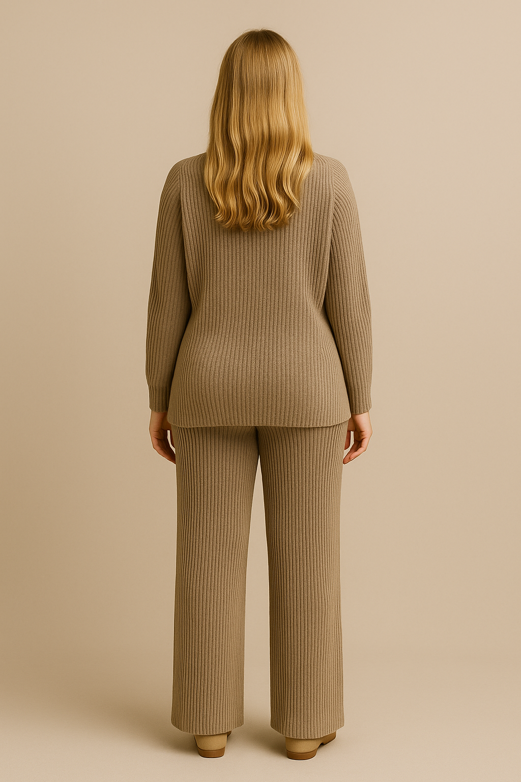 Womens Camel Knitted Loungewear Set Cozy Sweater Pants