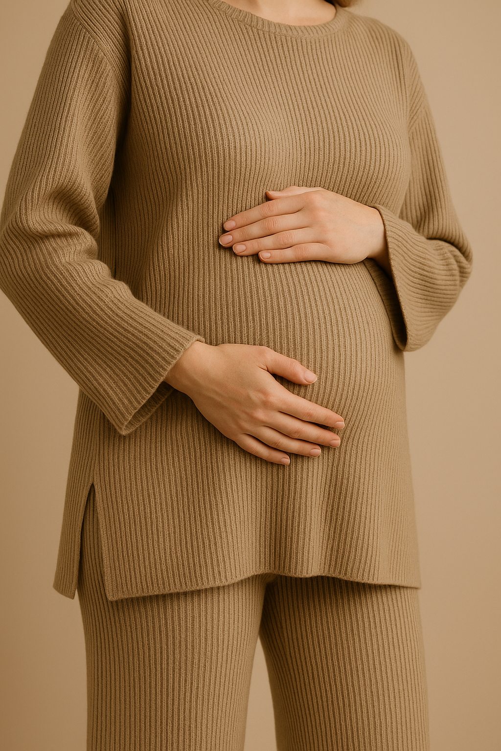 Womens Camel Knitted Loungewear Set Cozy Sweater Pants