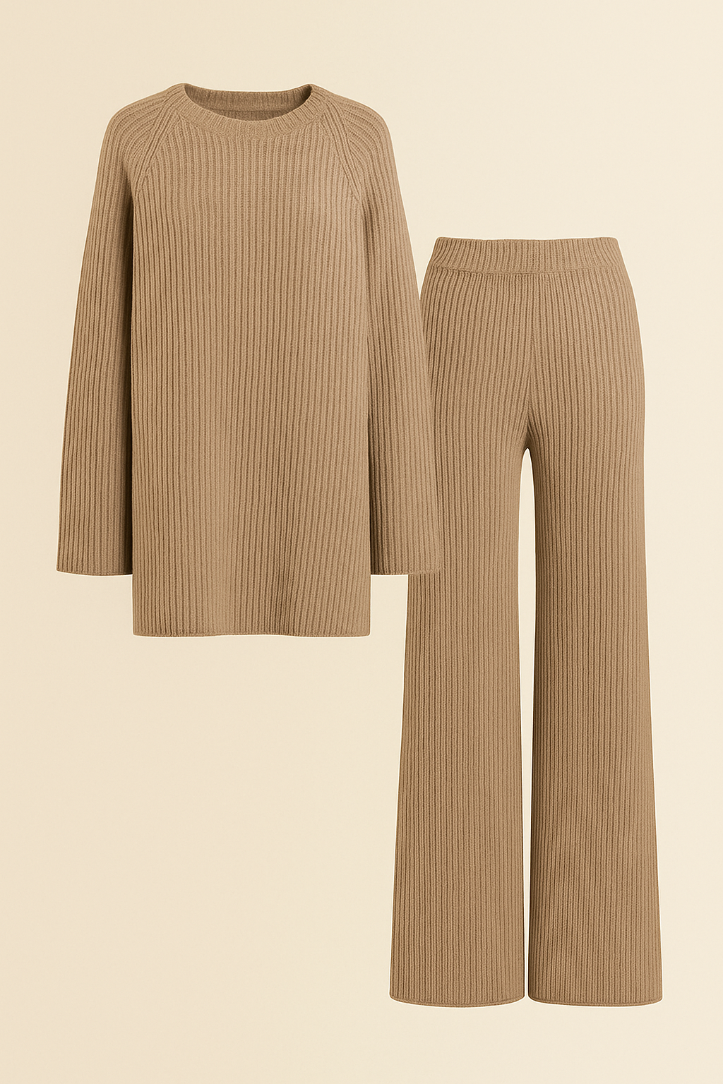 Womens Camel Knitted Loungewear Set Cozy Sweater Pants