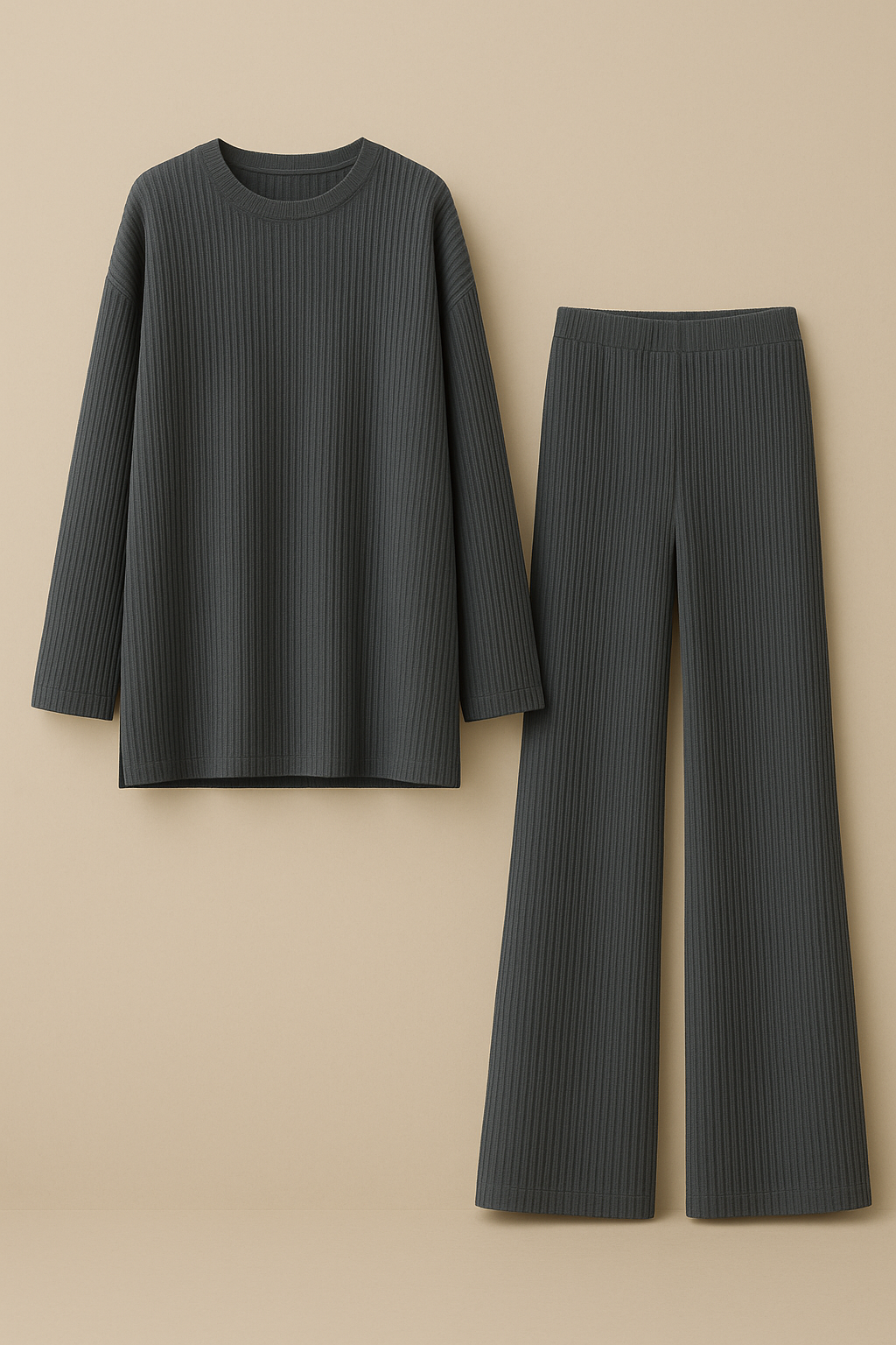 Womens Gray Knitted Loungewear Set Cozy Sweater Pants