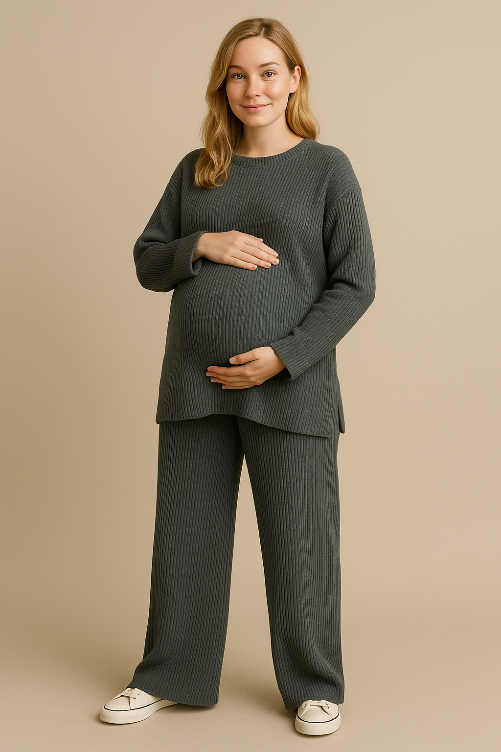 Womens Gray Knitted Loungewear Set Cozy Sweater Pants