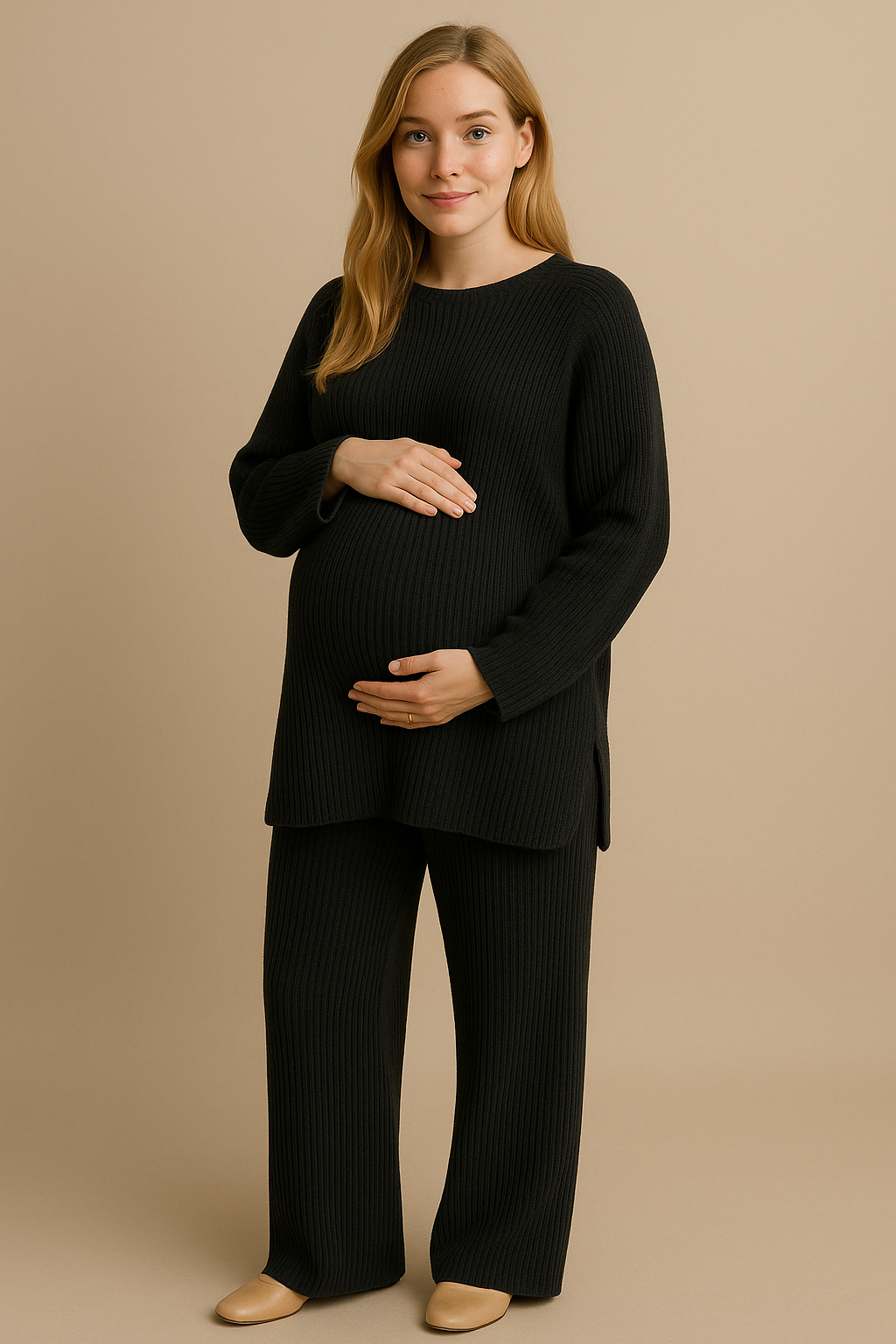 Womens Black Knitted Loungewear Set Cozy Sweater Pants