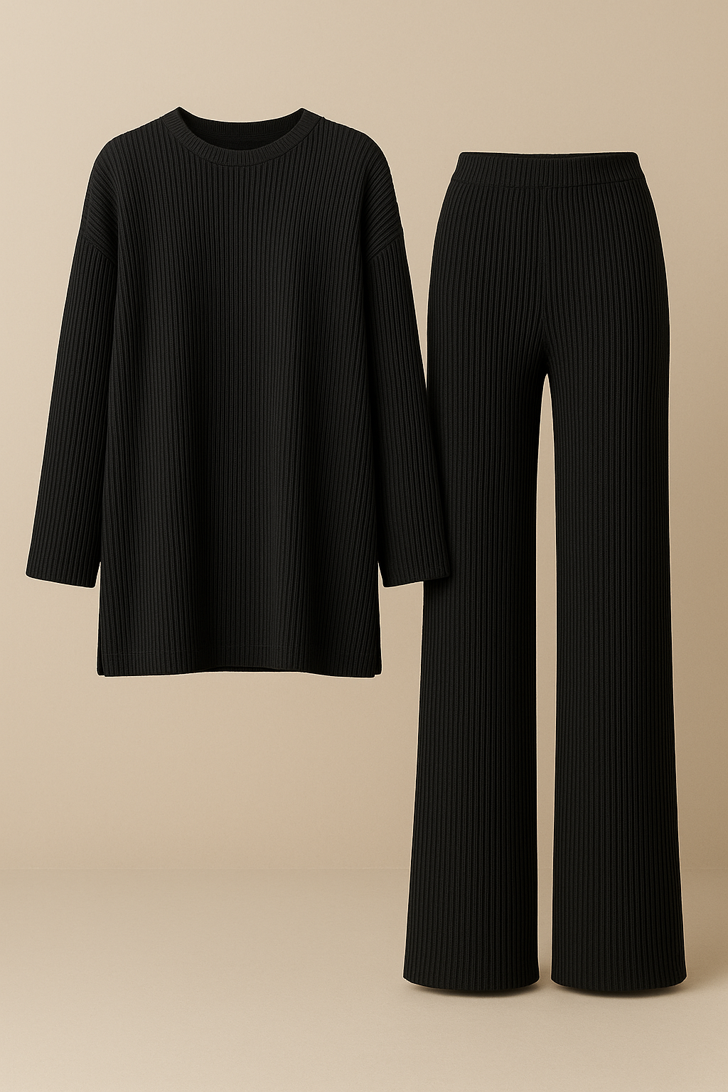 Womens Black Knitted Loungewear Set Cozy Sweater Pants
