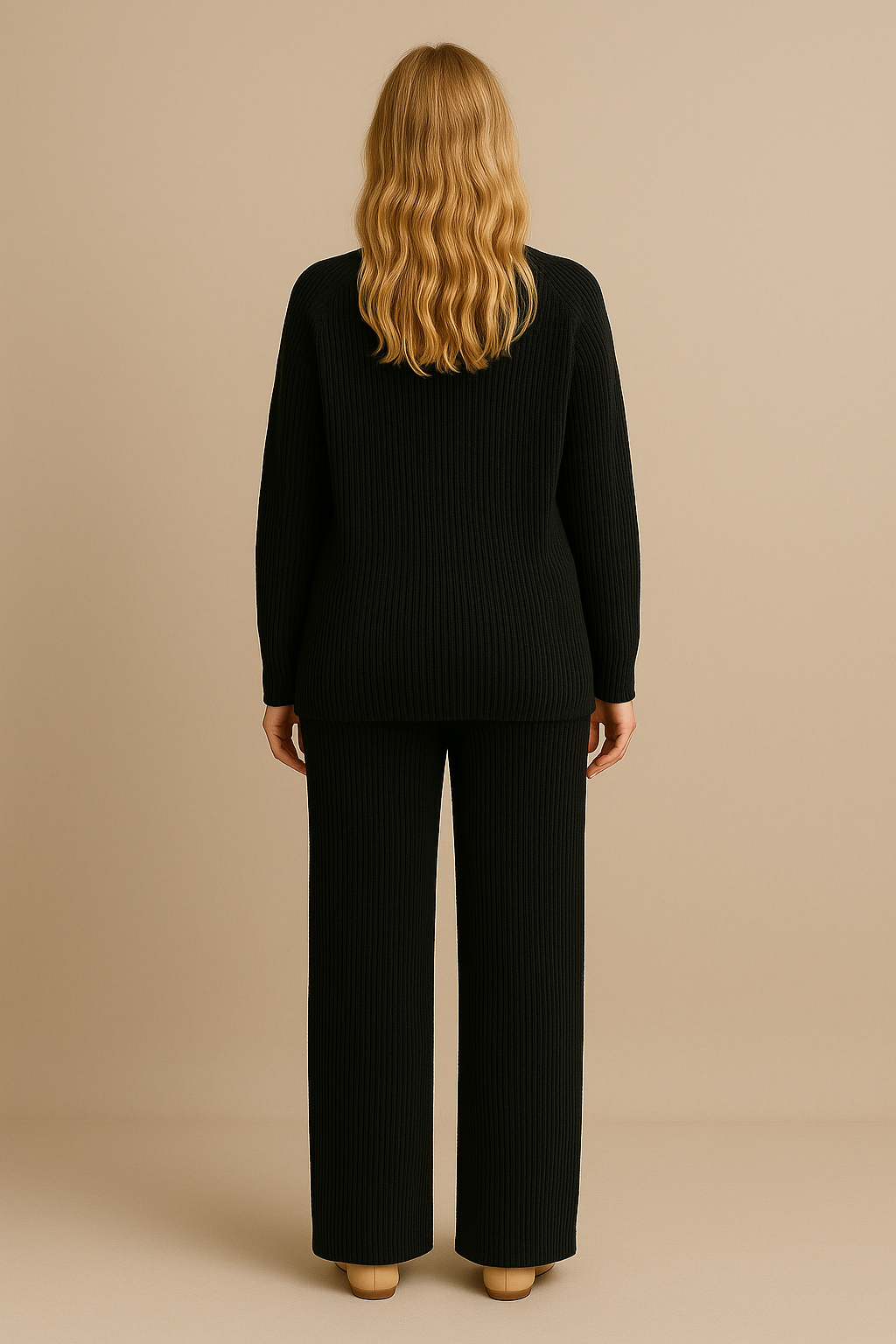 Womens Black Knitted Loungewear Set Cozy Sweater Pants