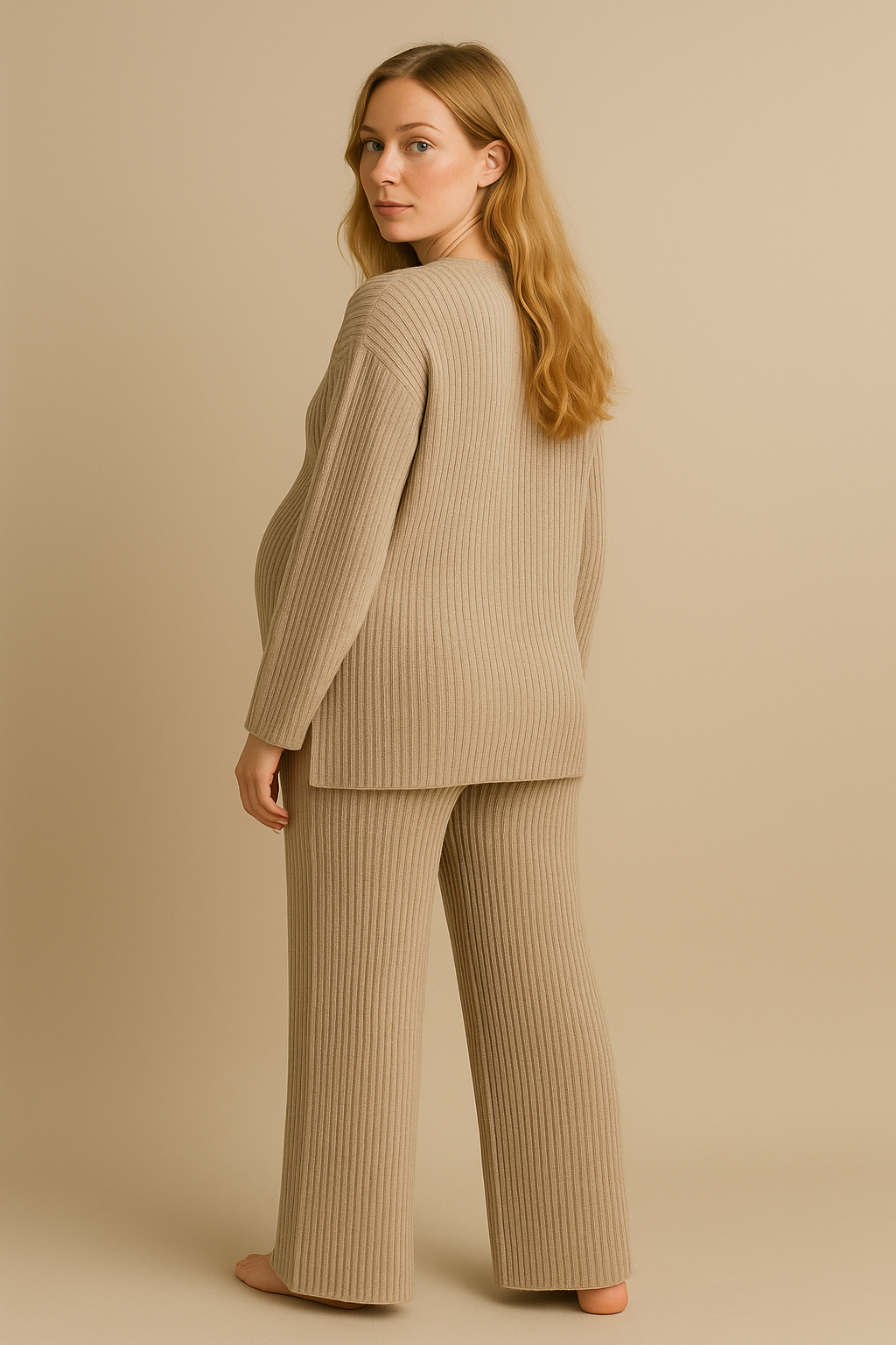 Womens Apricot Knitted Loungewear Set Cozy Sweater Pants Apricot