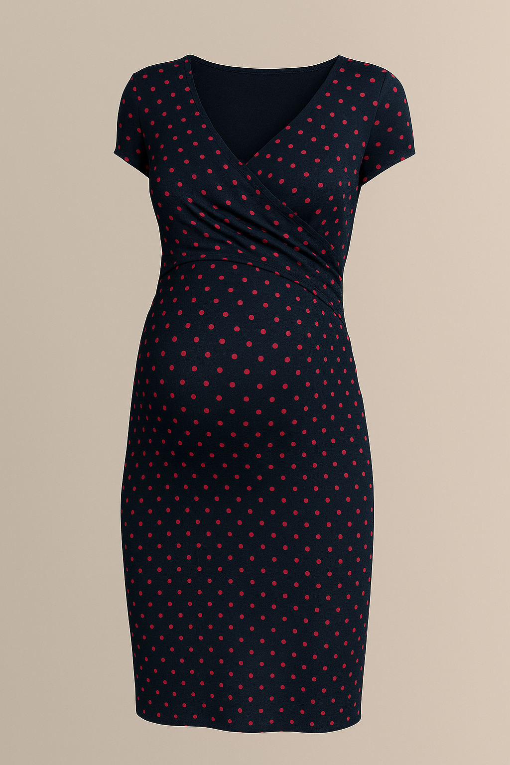 Navy Blue Polka Dot Maternity Nursing Dress V Neck Short Sleeves