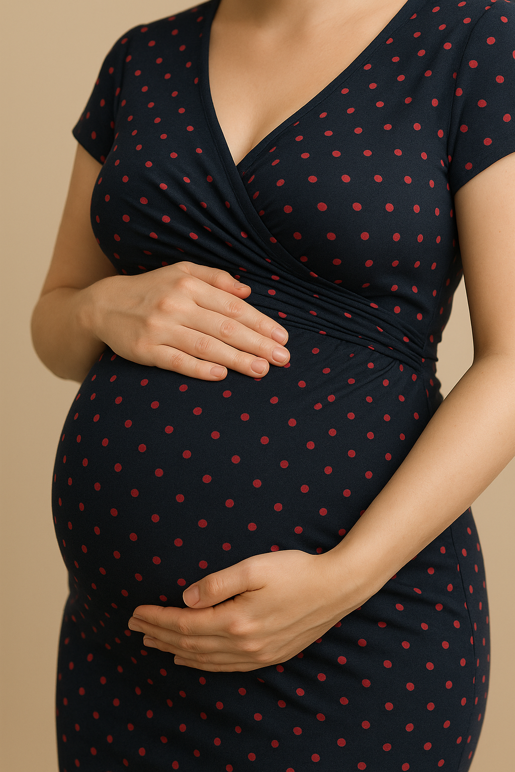 Navy Blue Polka Dot Maternity Nursing Dress V Neck Short Sleeves