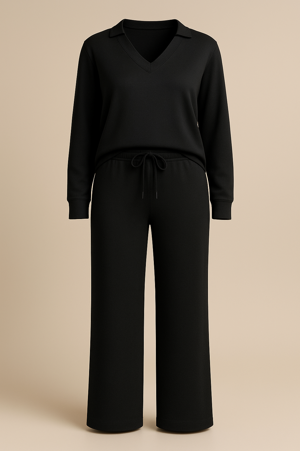 Casual 2 Piece Set Top and High Waisted Trousers in Black