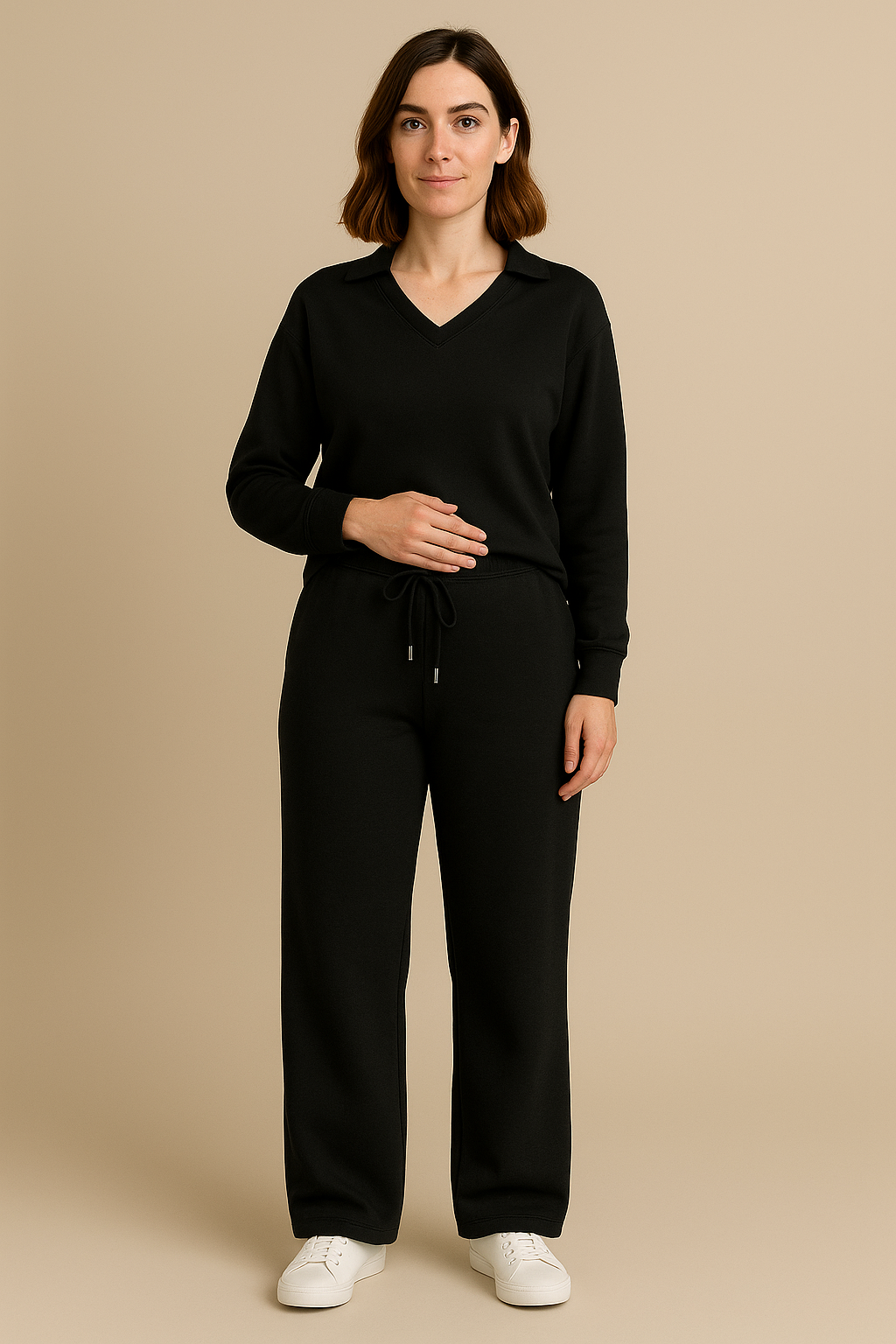 Casual 2 Piece Set Top and High Waisted Trousers in Black