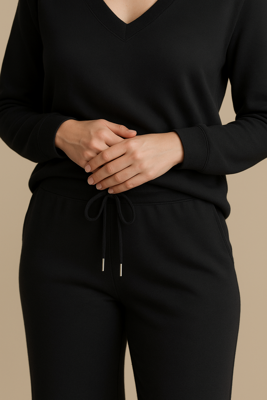 Casual 2 Piece Set Top and High Waisted Trousers in Black