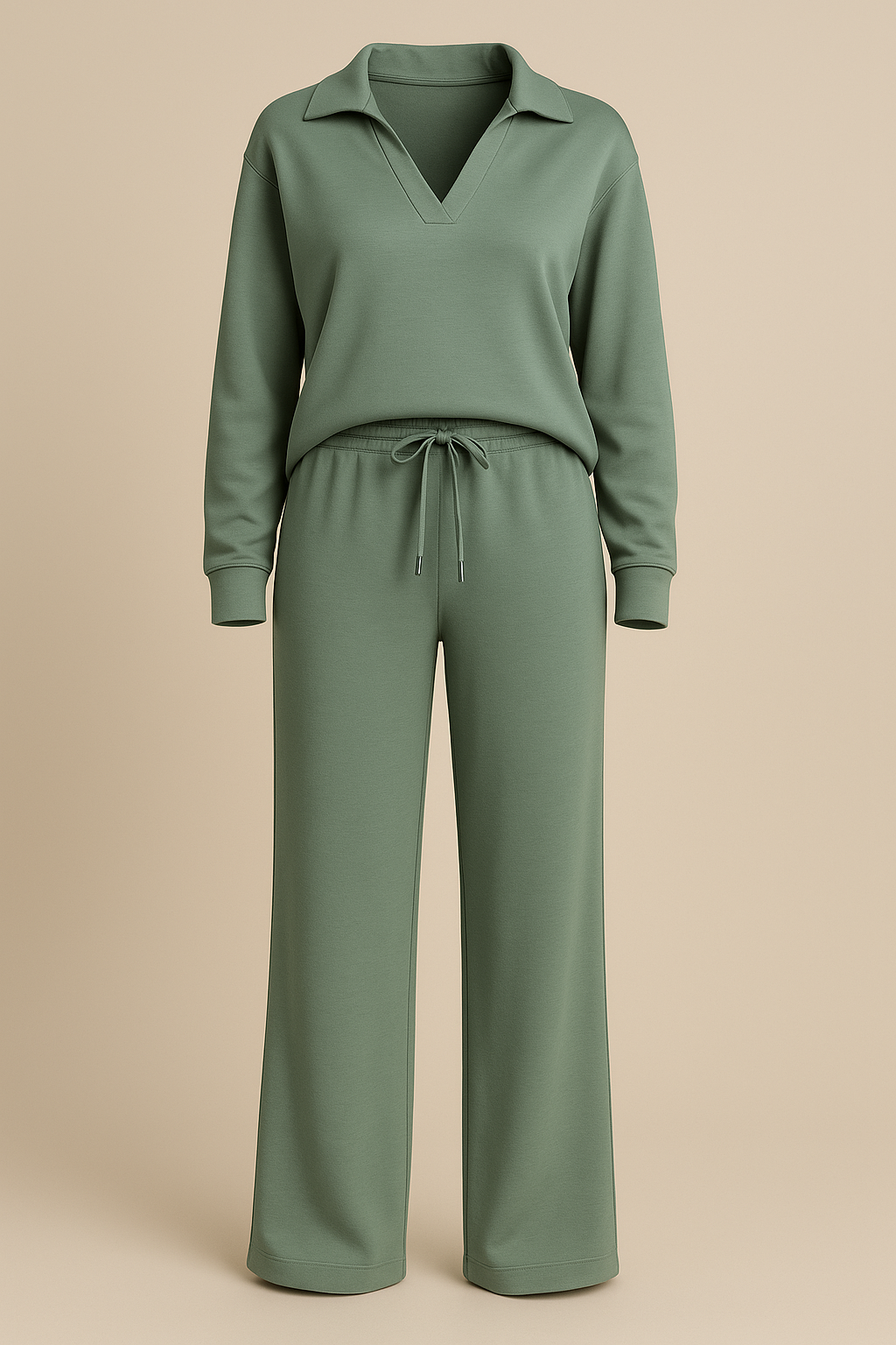 Casual 2 Piece Set Top and High Waisted Trousers in Green